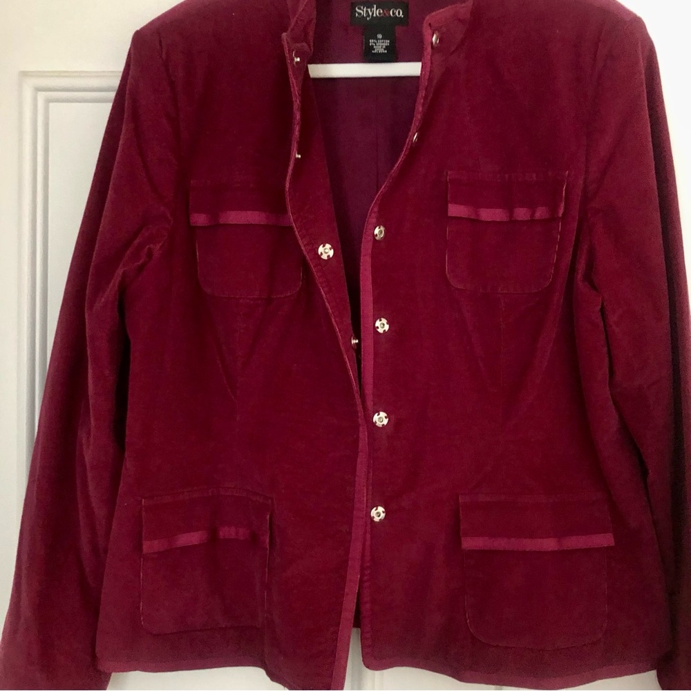 Style & Co. Velvety Blazer Jacket Wine Burgundy pipingi lined 18 Vintage